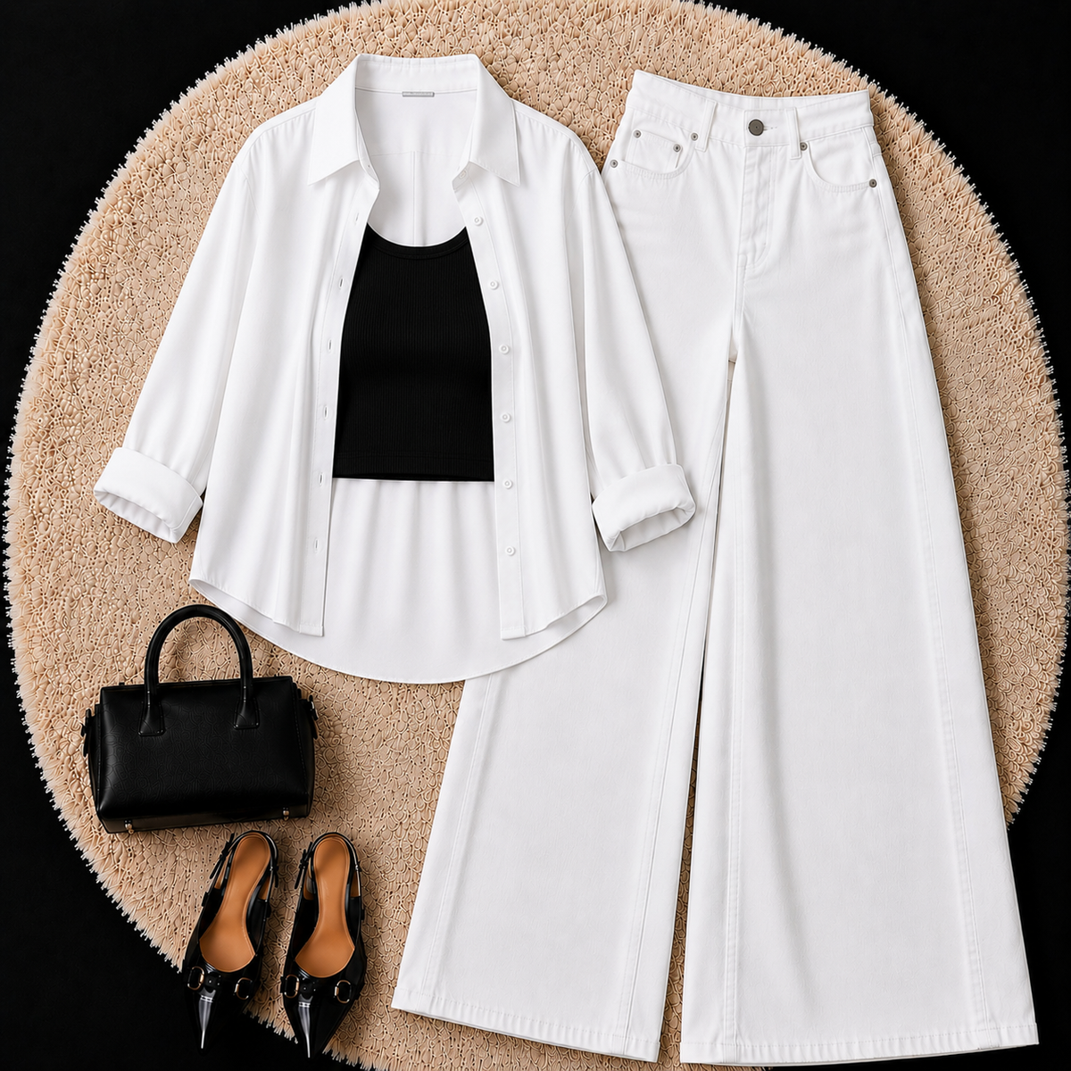 White Button Down Shirt With Black Inner & White Wide Leg Jeans