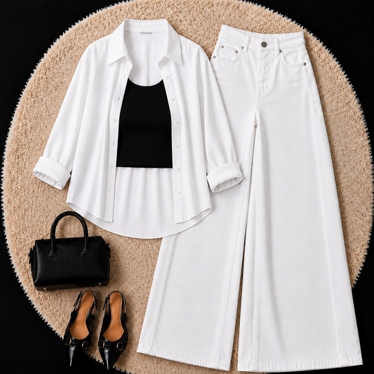 White Button Down Shirt With Black Inner & White Wide Leg Jeans