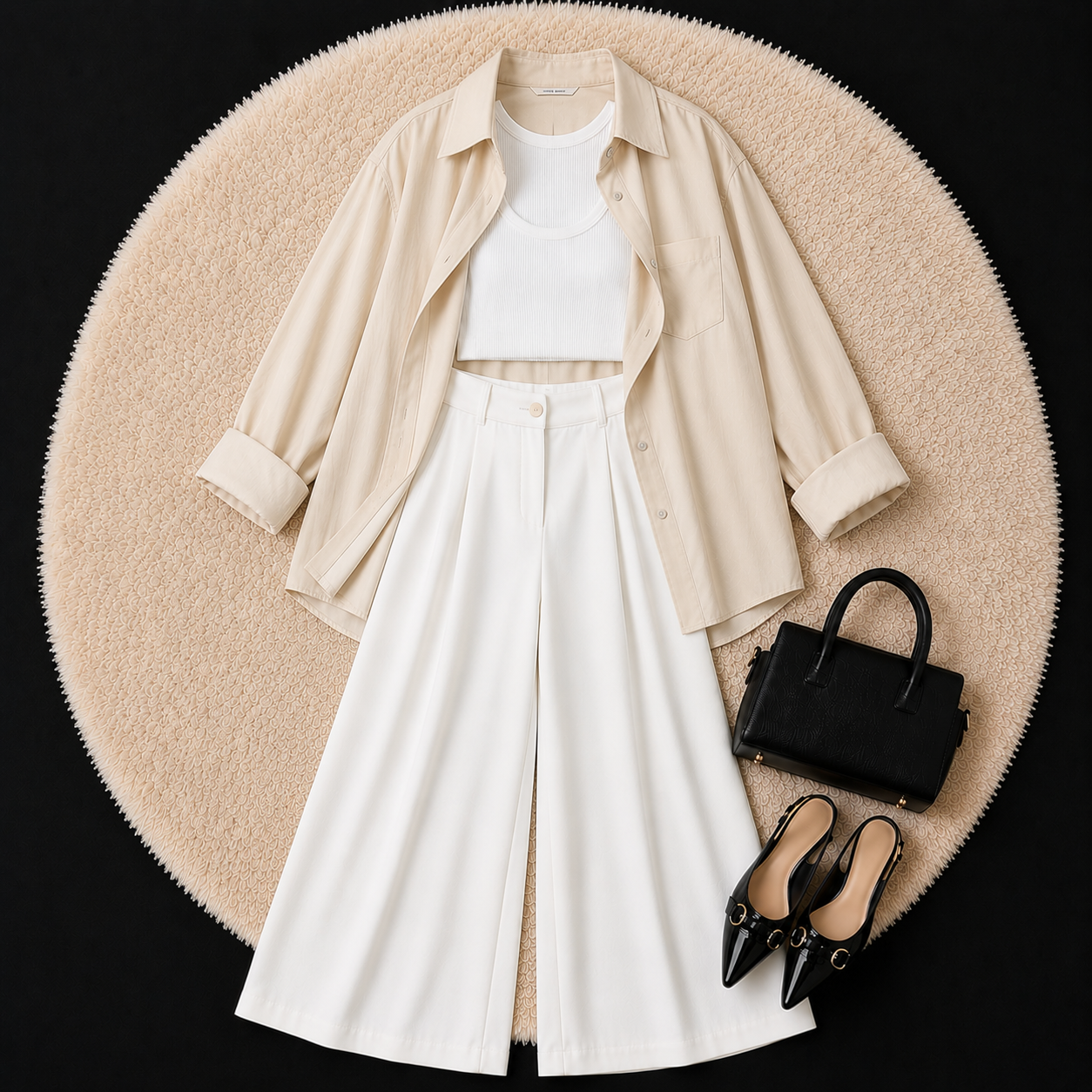 Beige Button Down Shirt With White Inner & White Formal pant
