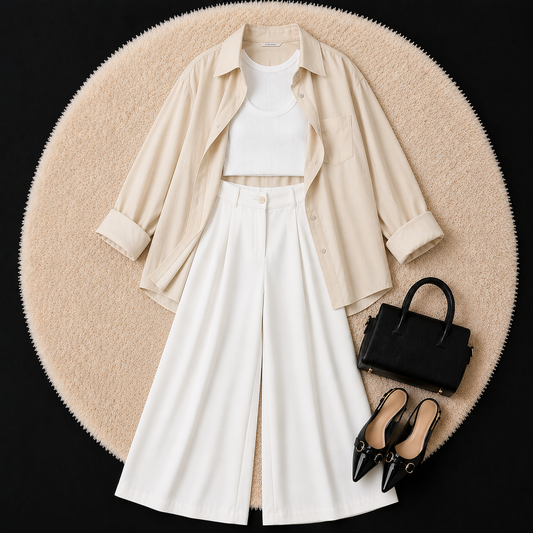 Beige Button Down Shirt With White Inner & White Formal pant