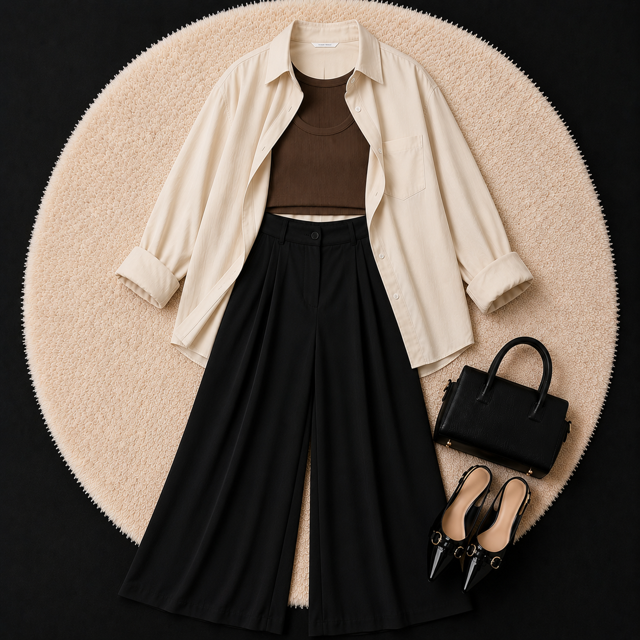 Beige Button Down Shirt With Brown Inner & Black Formal pant