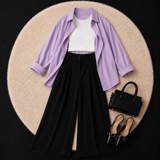 Lilac Button Down Shirt With White Inner & Black Formal pant