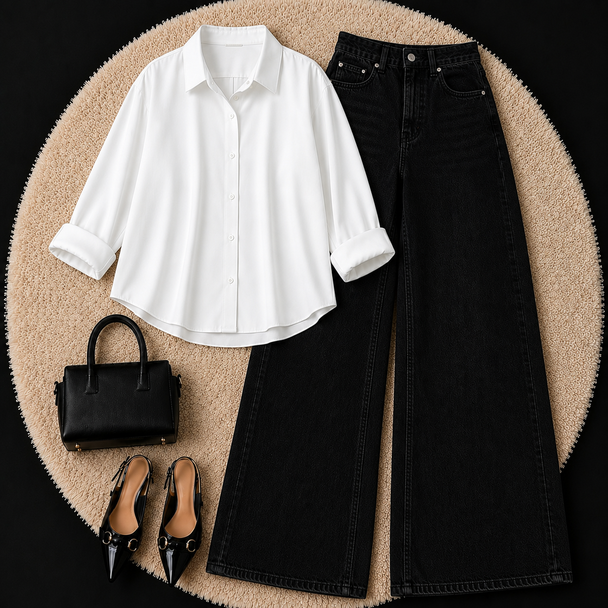WHITE BUTTON DOWN SHIRT WITH BLACK WIDE LEG JEANS