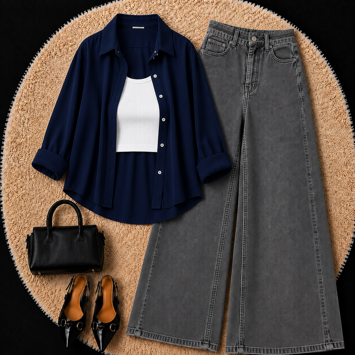 Dark Blue Button Down Shirt With Inner & Grey Wide Leg Jeans