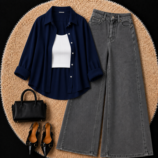 Dark Blue Button Down Shirt With Inner & Grey Wide Leg Jeans