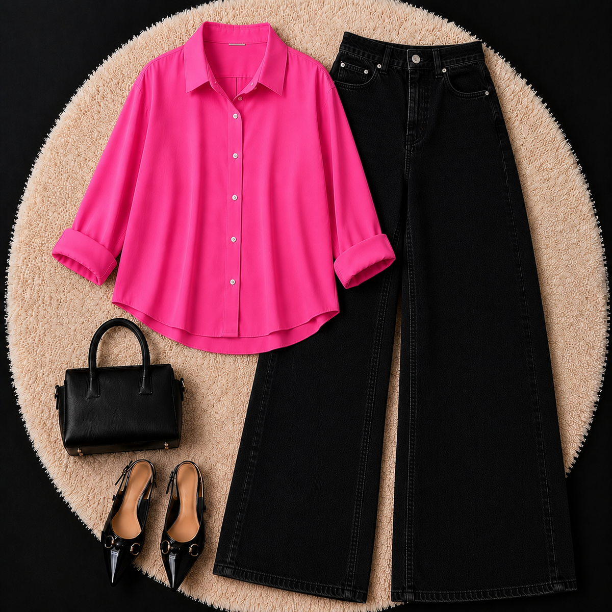 SHOCKING PINK BUTTON DOWN SHIRT WITH BLACK WIDE LEG JEANS
