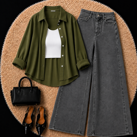 Olive Green Button Down Shirt With White Inner & Grey Wide Leg Jeans