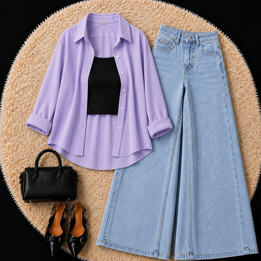 Lilac Button Down Shirt With Black Inner & Sky Blue Wide Leg Jeans