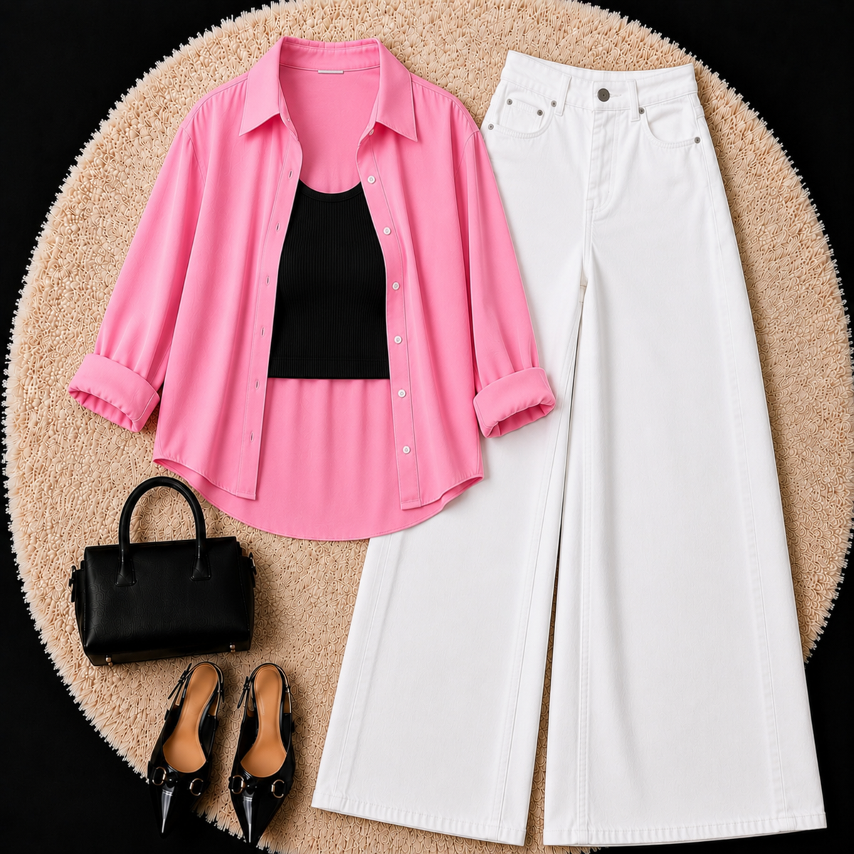 Pink Button Down Shirt With Black Inner & White Wide Leg Jeans