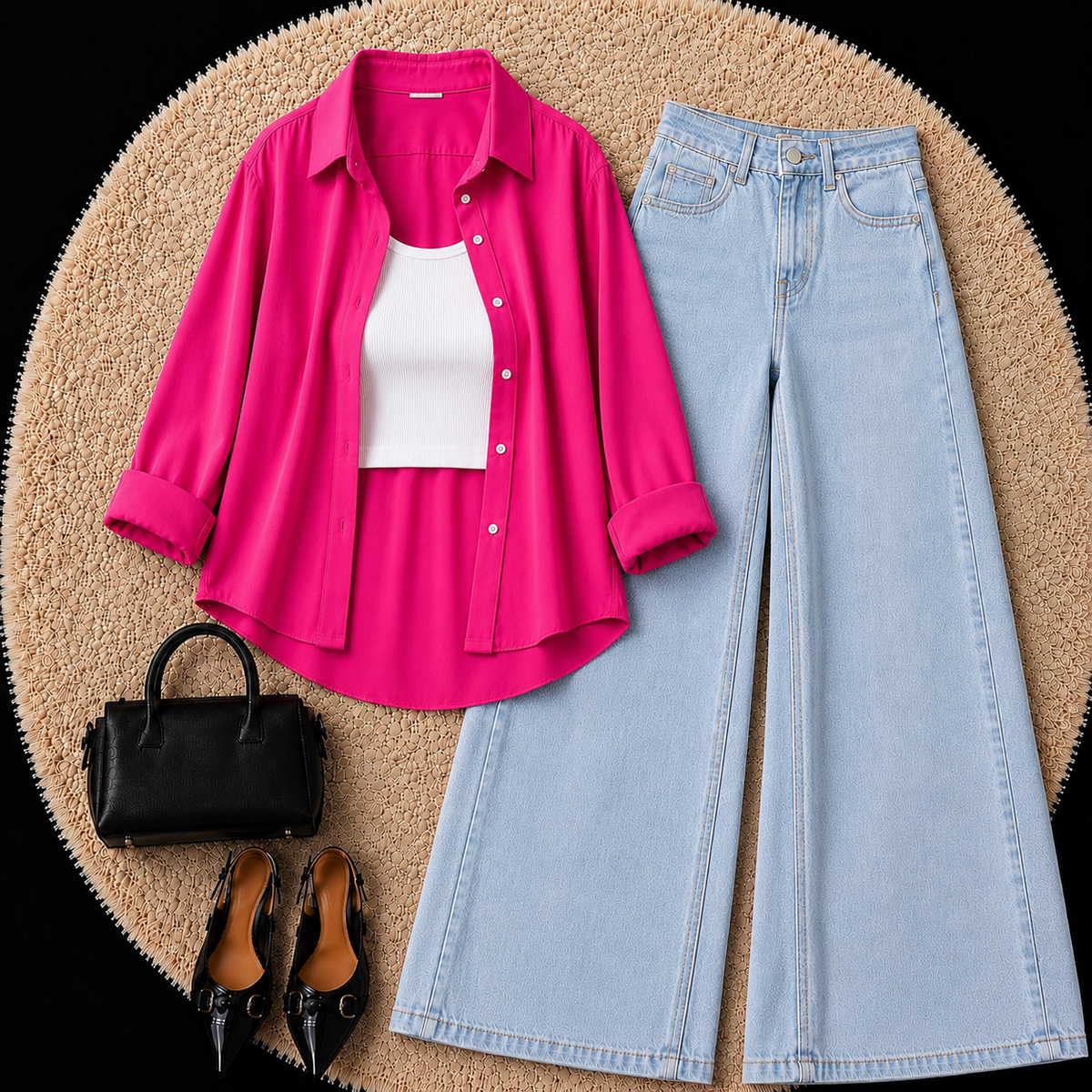 Hot Pink Button Down Shirt With White Inner & Sky Blue Leg Jeans