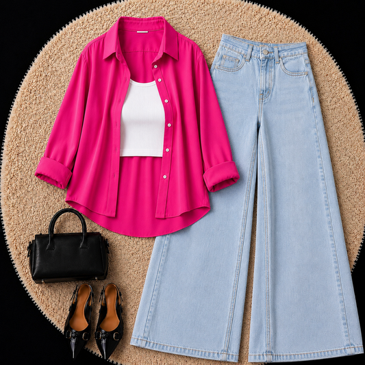 Hot Pink Button Down Shirt With White Inner & Sky Blue Leg Jeans