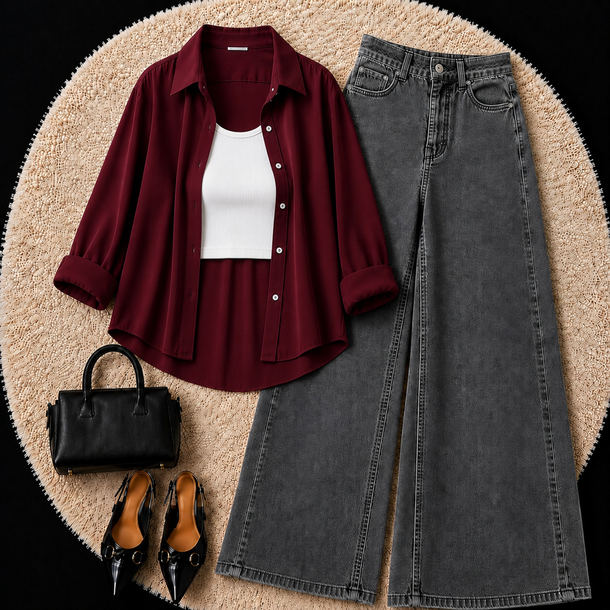 Burgundy Button Down Shirt With White Inner & Grey Wide Leg Jeans
