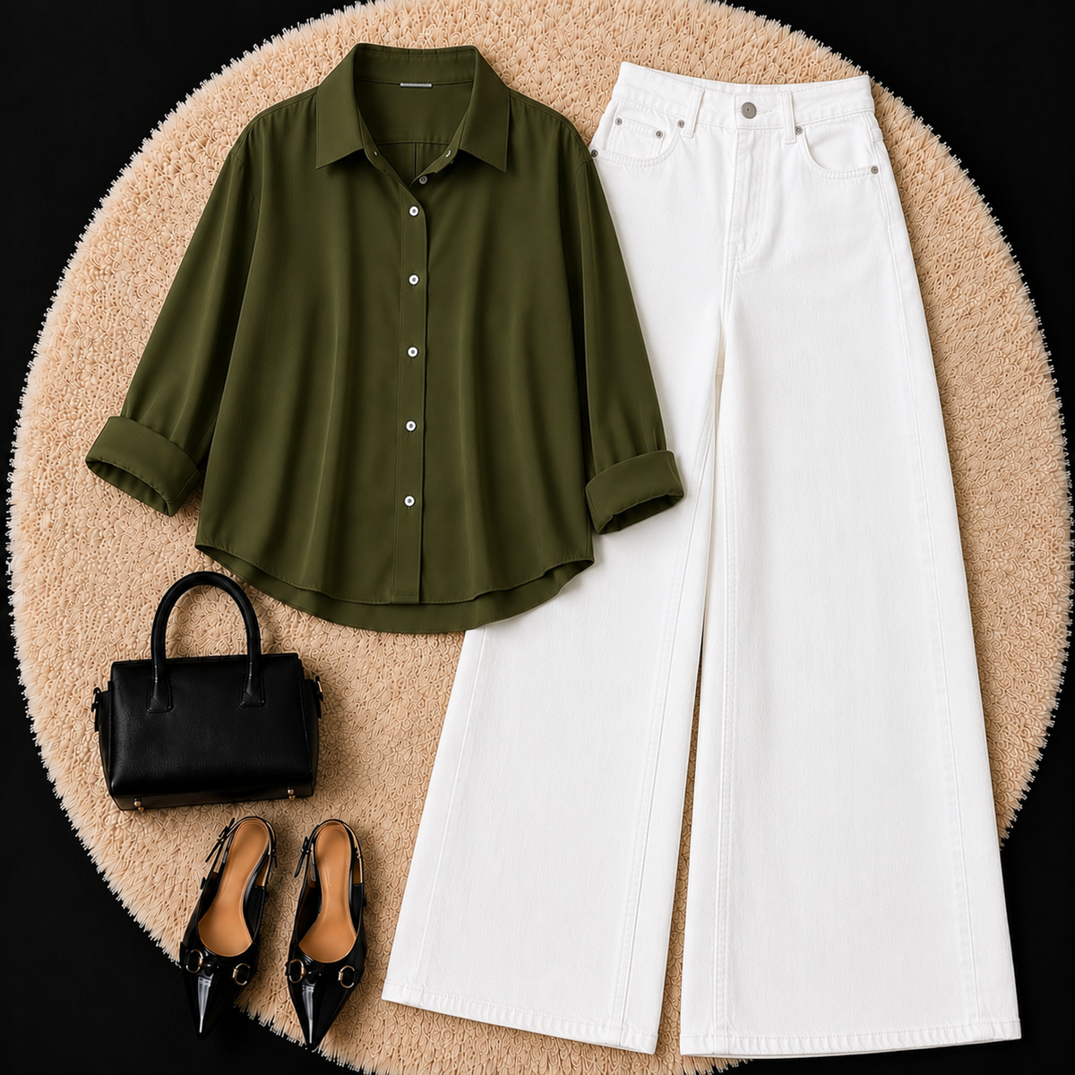 OLIVE GREEN BUTTON DOWN SHIRT WITH WHITE WIDE LEG JEANS