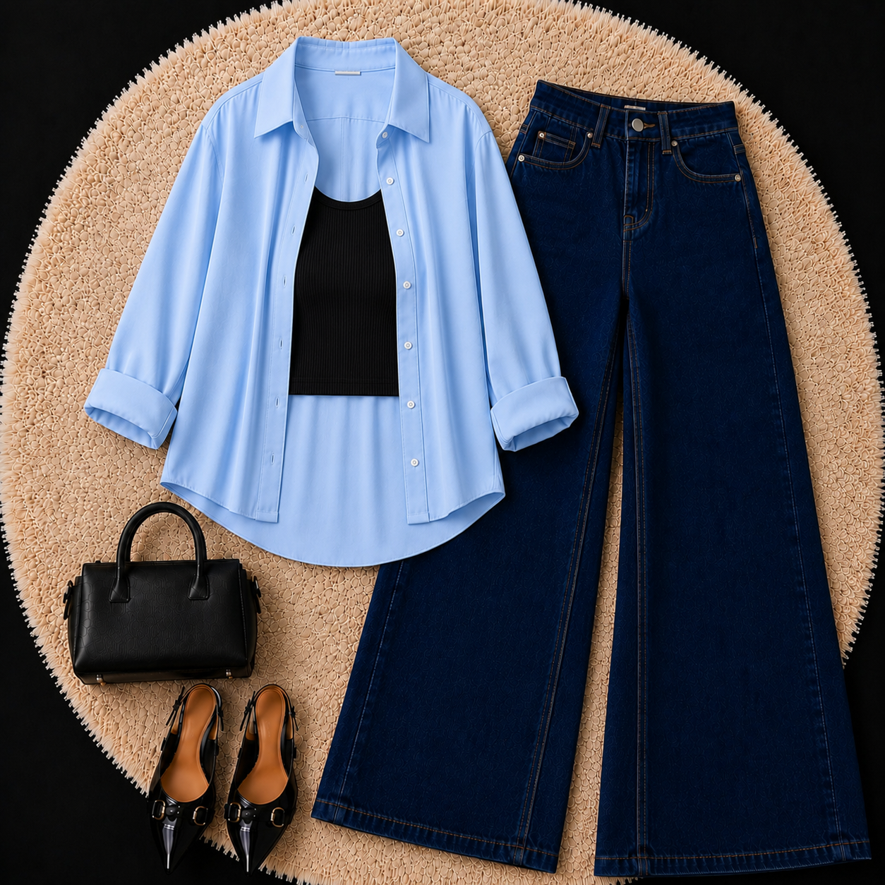 Sky Blue Button Down Shirt With Black Inner & Dark Blue Wide Leg Jeans