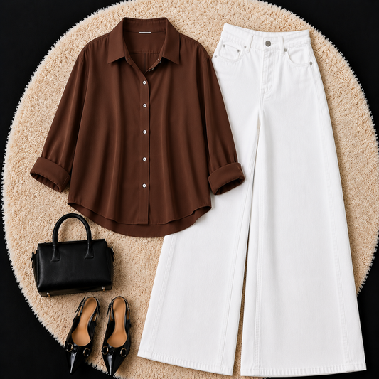 DARK BROWN BUTTON DOWN SHIRT WITH WHITE WIDE LEG JEANS