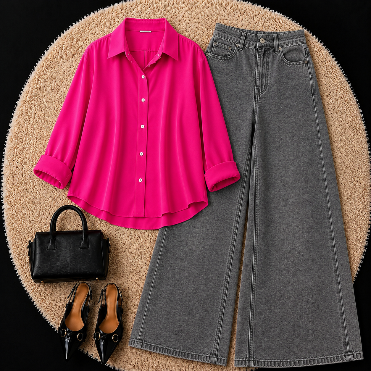 SHOCKING PINK BUTTON DOWN SHIRT WITH CHARCOL GREY WIDE LEG JEANS