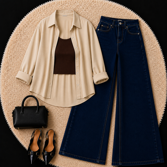 Beige Button Down Shirt With Brown Inner & Dark Blue Wide Leg Jeans