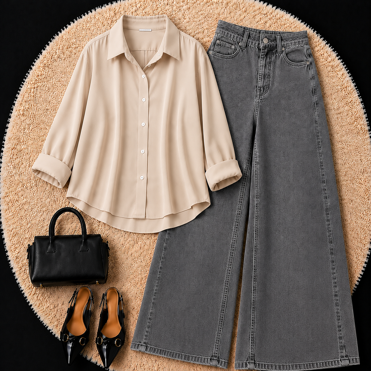 BEIGE BUTTON DOWN SHIRT WITH CHARCOL GREY  WIDE LEG JEANS