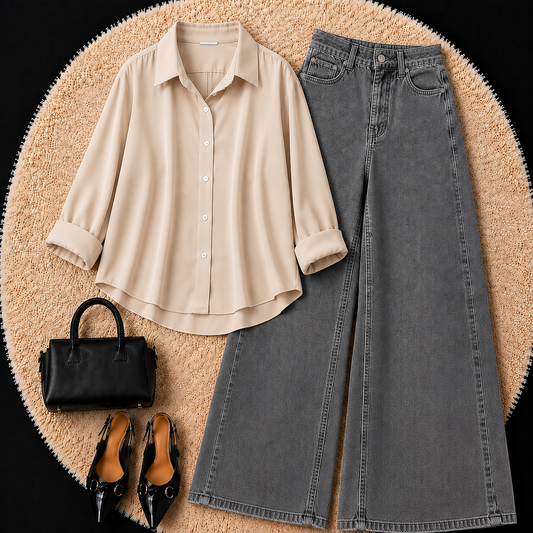 BEIGE BUTTON DOWN SHIRT WITH CHARCOL GREY  WIDE LEG JEANS