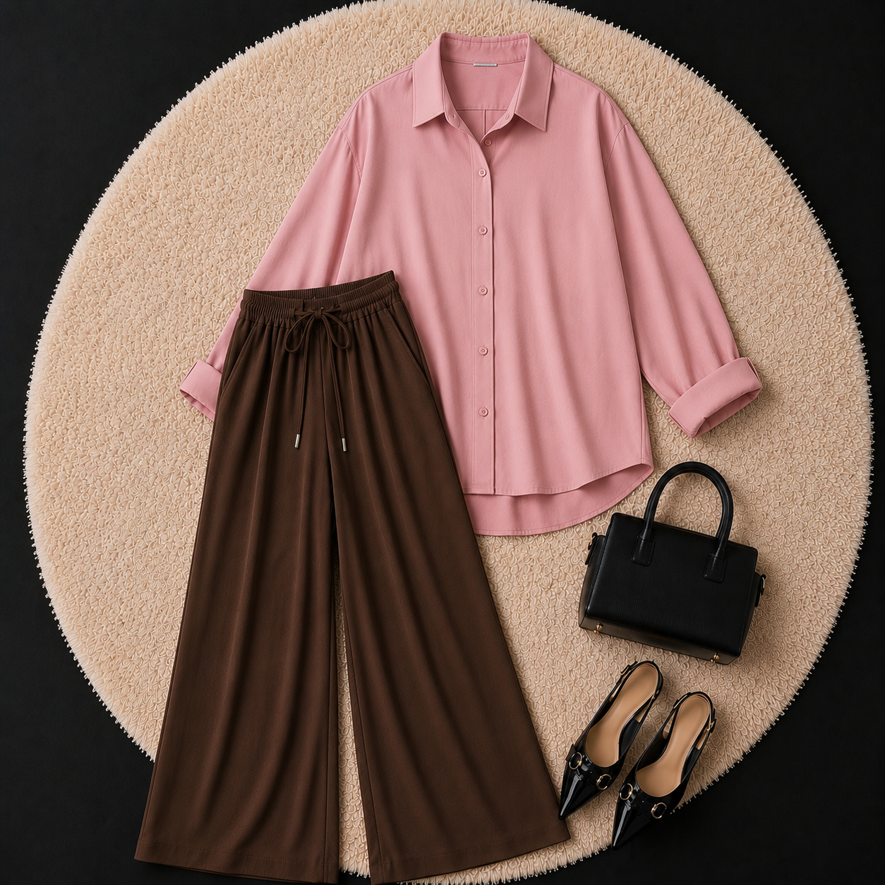 Baby Pink Button Down Shirt With Brown Flapper Trouser