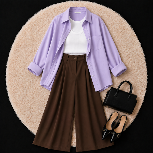 Lilac Button Down Shirt With White Inner And Brown Formal Pant