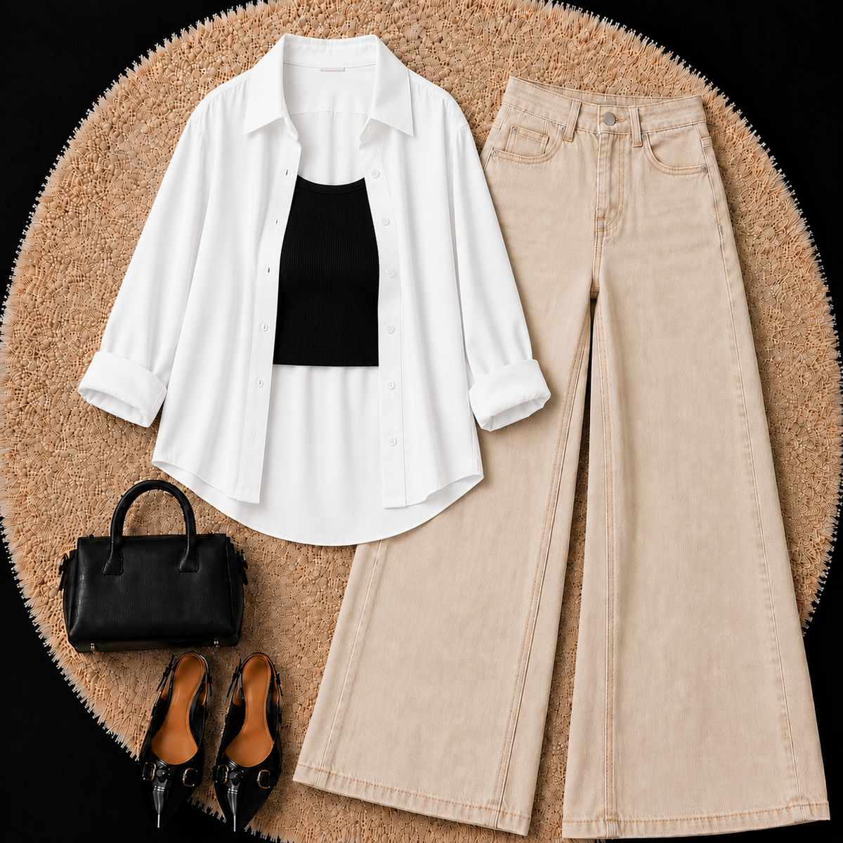 White Button Down Shirt With Black Inner & Beige Wide Leg Jeans