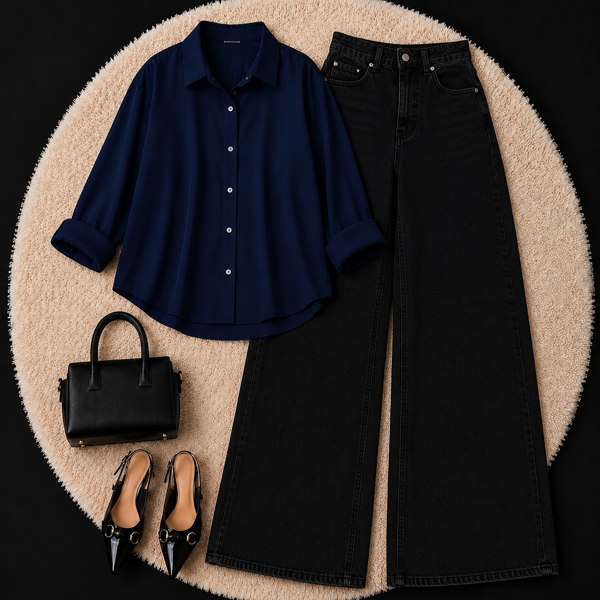 NAVY BLUE BUTTON DOWN SHIRT WITH BLACK WIDE LEG JEANS
