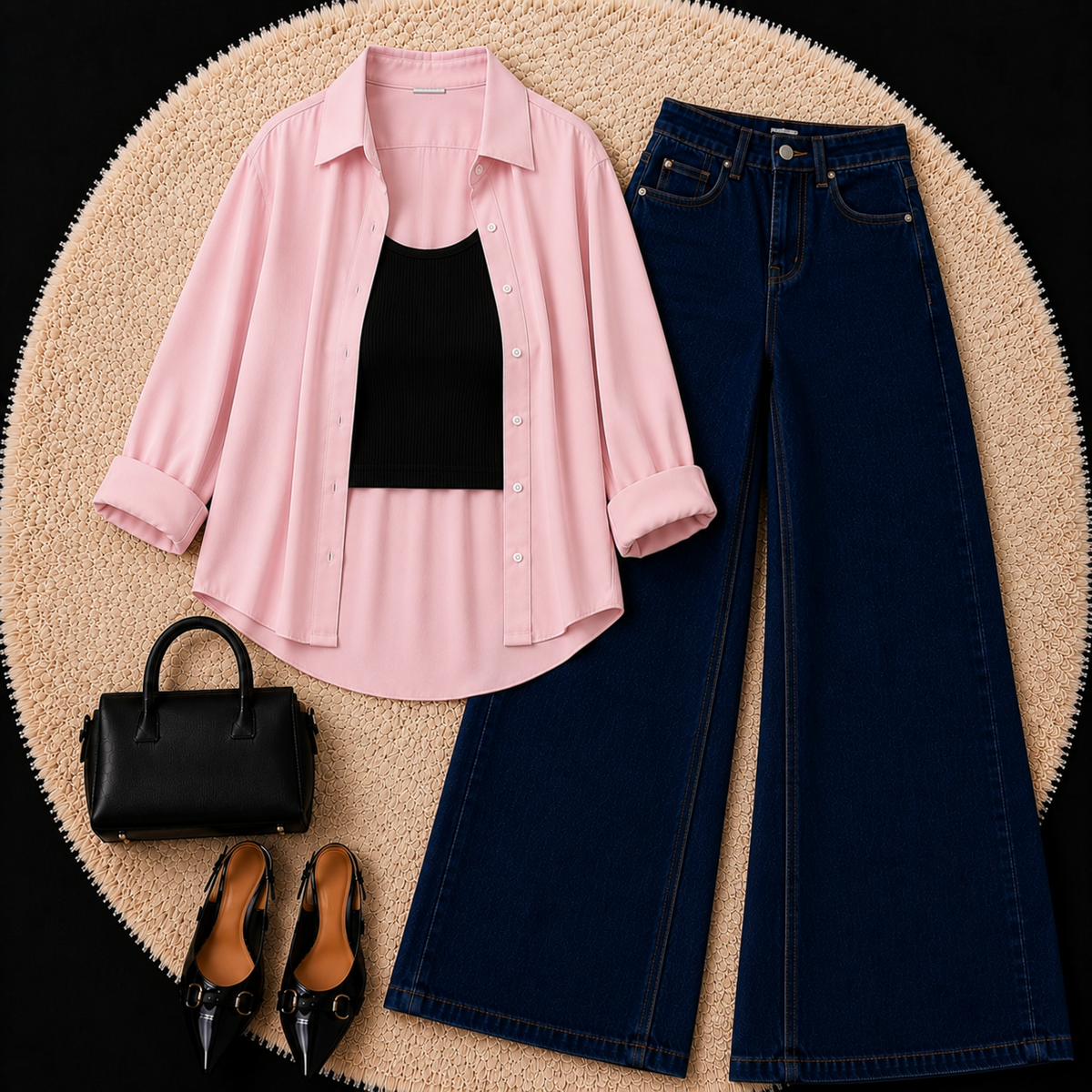 Baby Pink Button Down Shirt With Black Inner & Dark Blue Wide Leg Jeans
