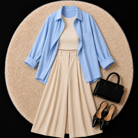 Sky Blue Button Down Shirt With Beige Inner & Beige Formal pant