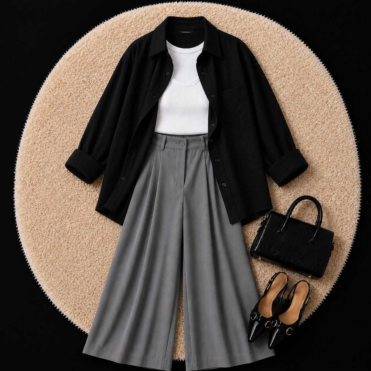 Black Button Down Shirt With White Inner And Grey Formal Pant