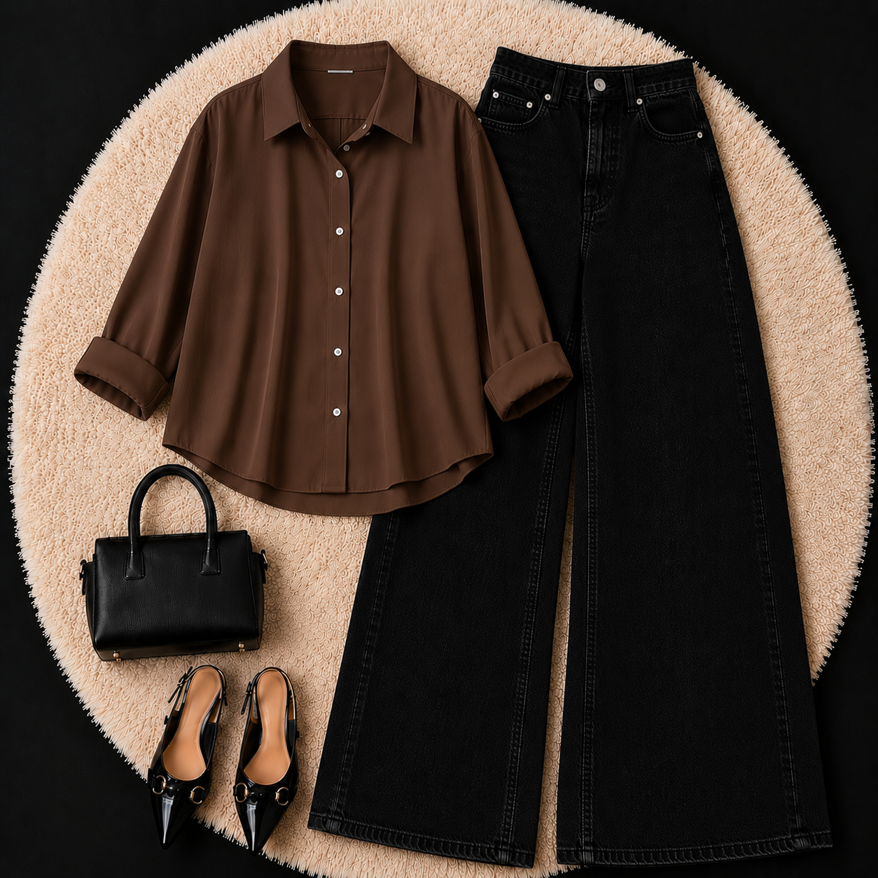 DARK BROWN BUTTON DOWN SHIRT WITH BLACK WIDE LEG JEANS