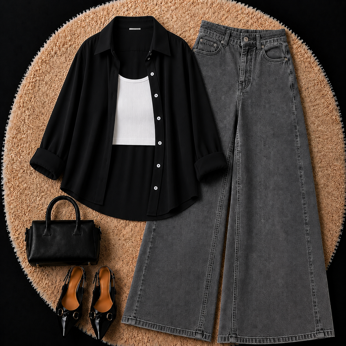 Black Button Down Shirt With White Inner & Grey Wide Leg Jeans