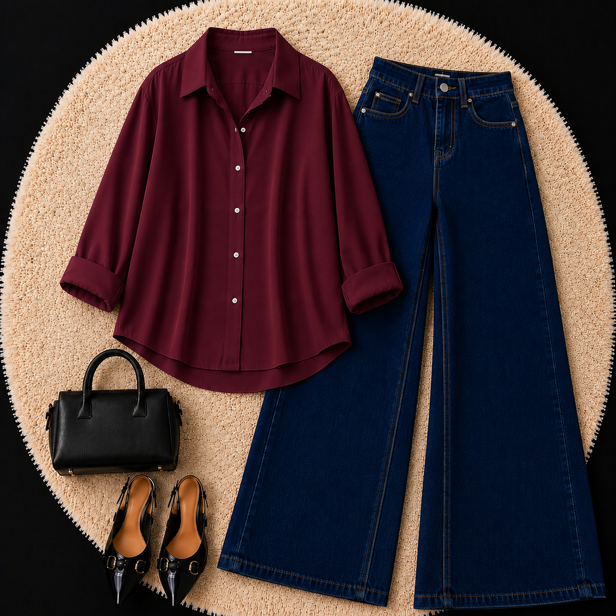 MAROON BUTTON DOWN SHIRT WITH DARK BLUE WIDE LEG JEANS