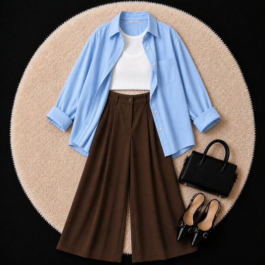 Blue Button Down Shirt With White Inner And Brown Formal Pant