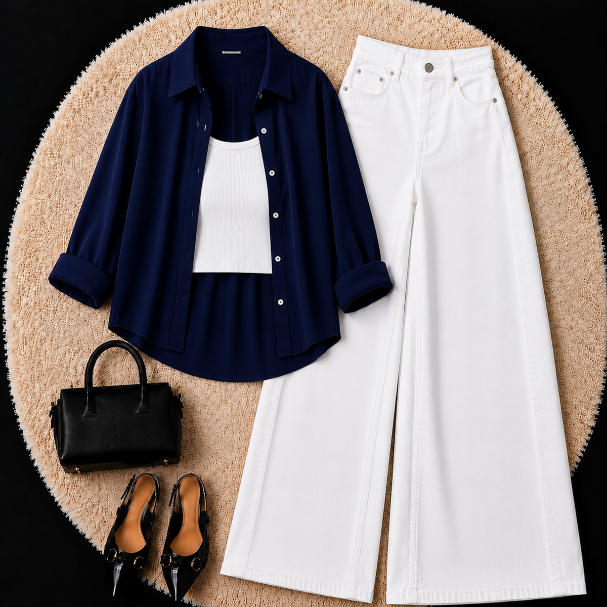 Navy Blue Button Down Shirt With White Inner & White Wide Leg Jeans