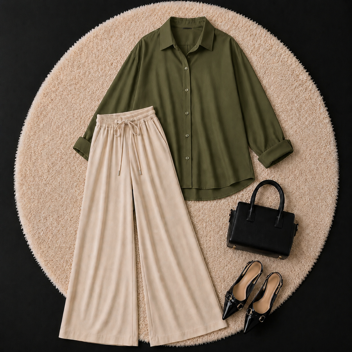 Olive Green Button Down Shirt With Beige Flapper Trouser