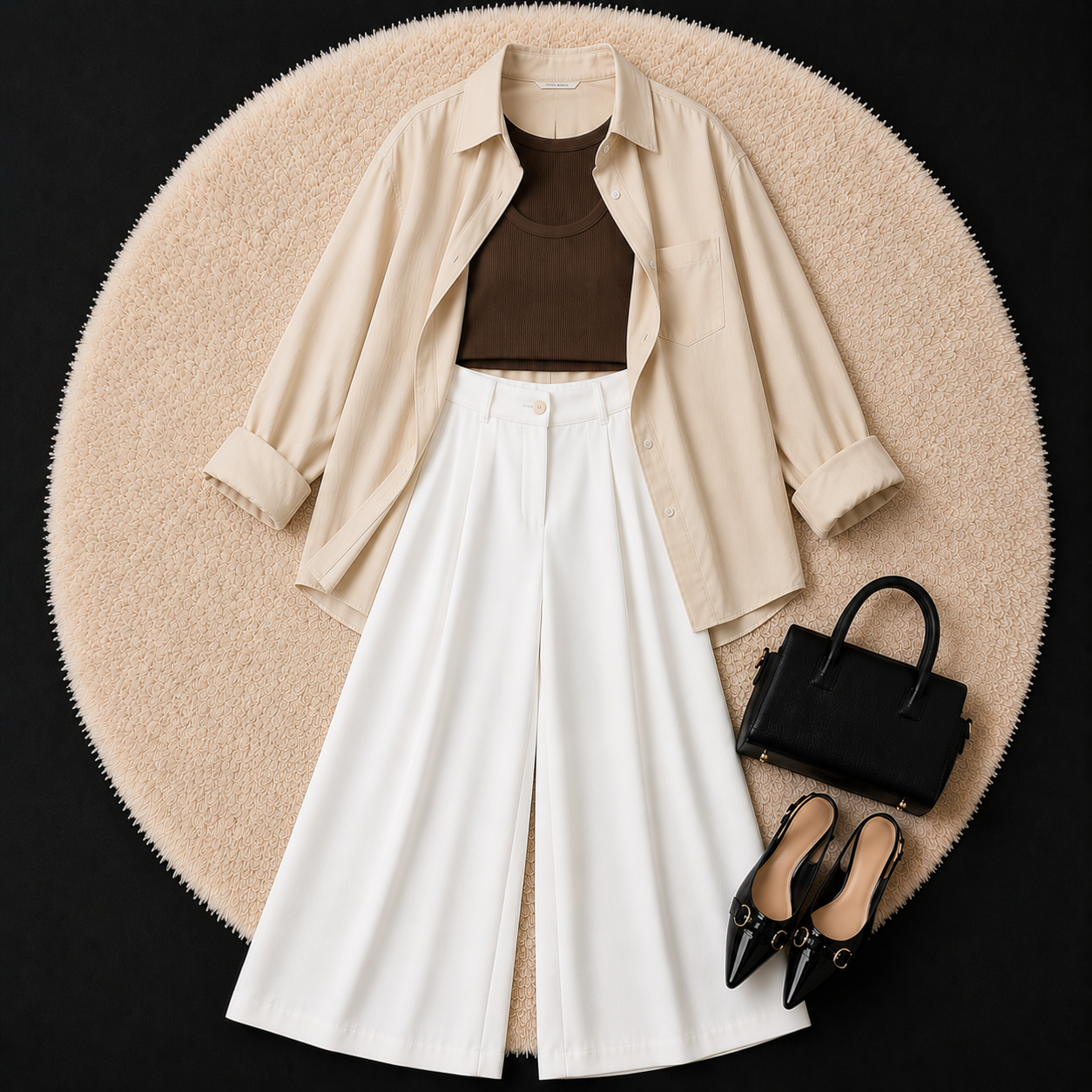 Beige Button Down Shirt With Brown Inner & White Formal pant