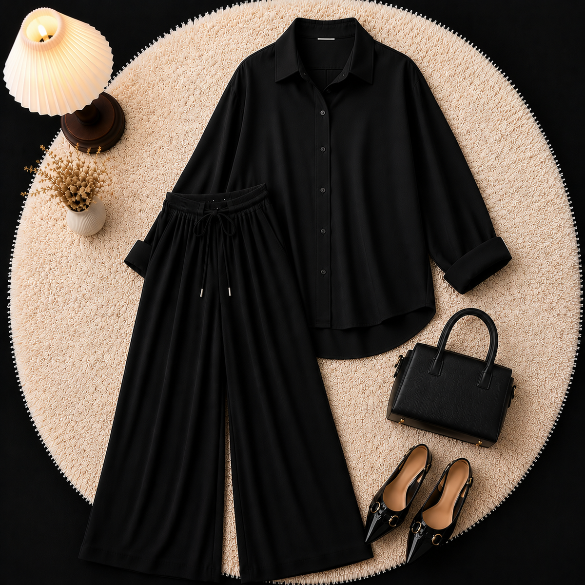 Black Button Down Shirt With Black Flapper Trouser